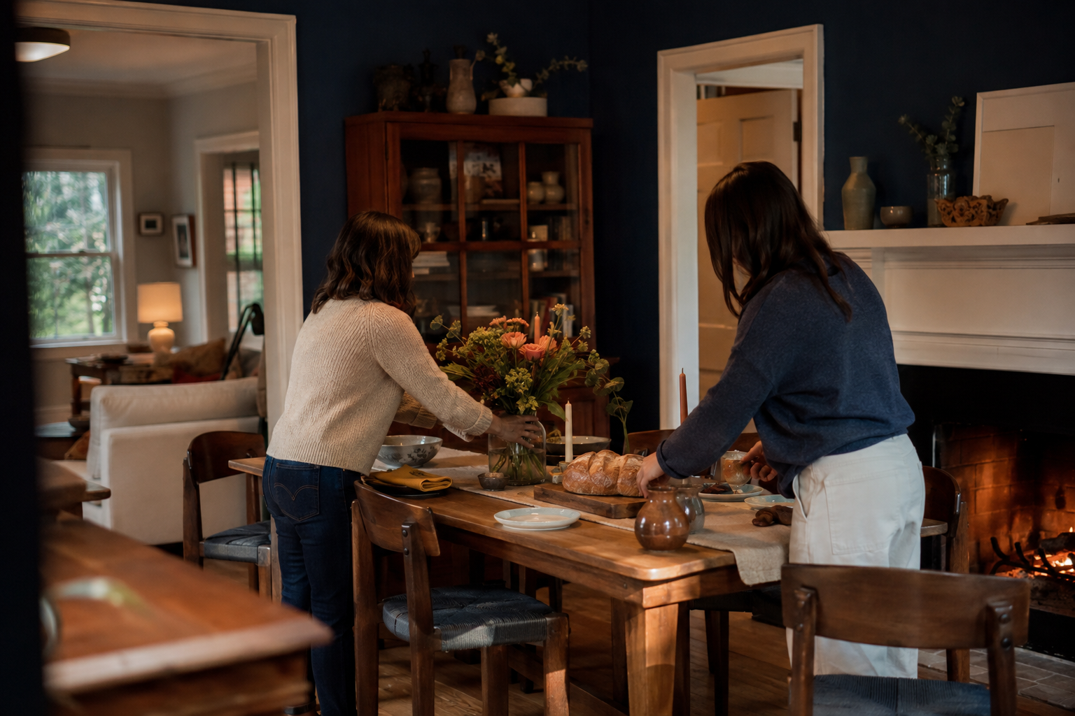 Friends preparing a simple table in a warmly lit home dining room