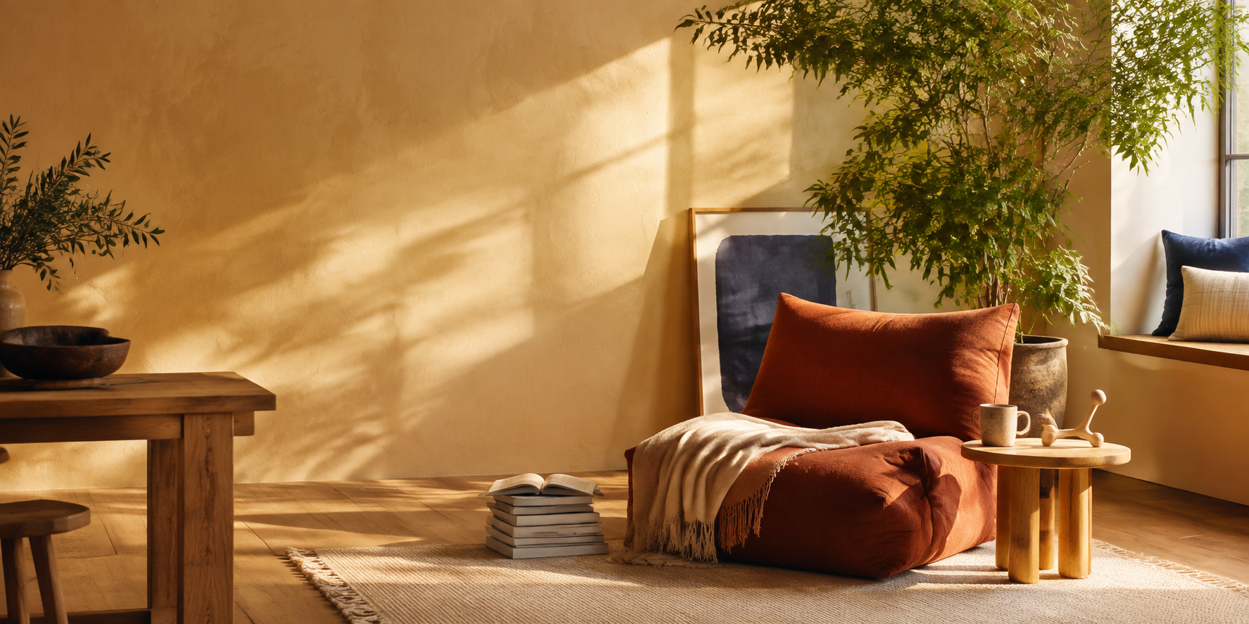 Sunlit reading nook with a rust linen lounge chair