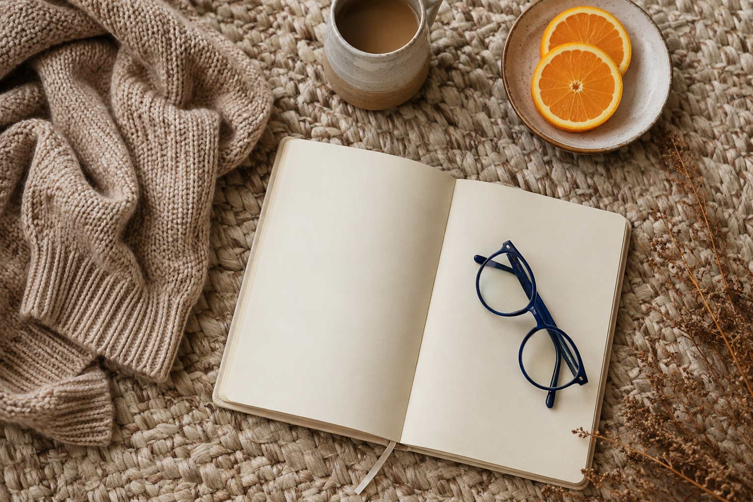 Journal, reading glasses, citrus and knitted blanket on a woven rug